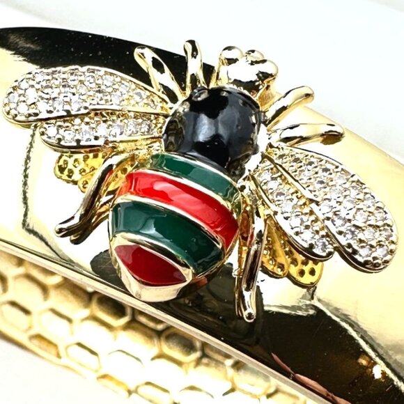 Bee Bracelet Clear Crystal Red Green Enamel Gold Plated Hinged Bangle 7 Inch - Picture 2 of 6